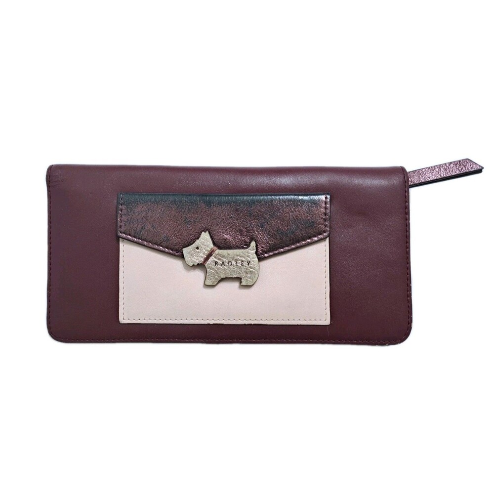 Radley London Foldover Leather Wallet Doggie Dark Red Pink Gold Credit Card